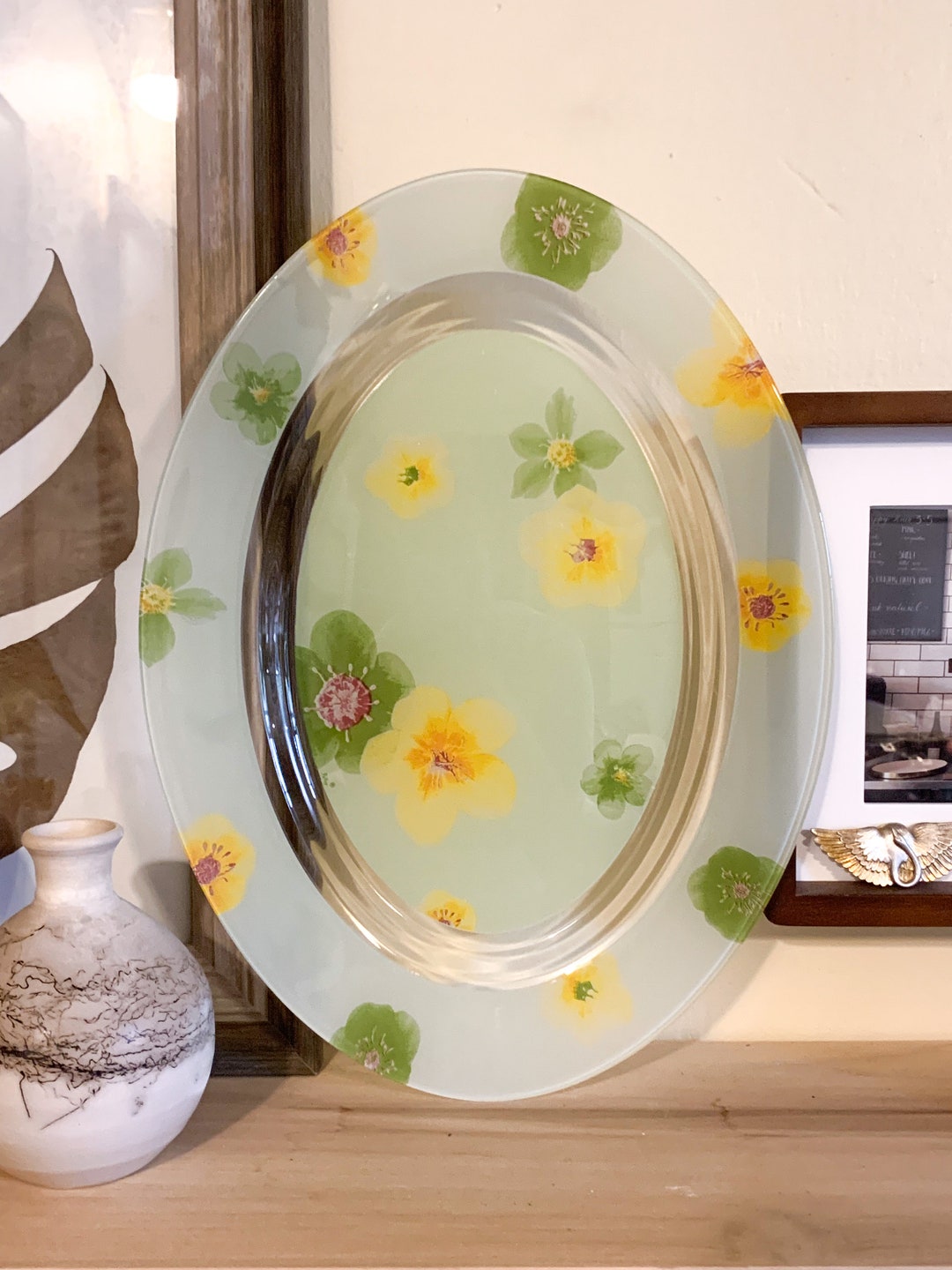 Luminarc Palluy Green Floral Serving Platter Tray Vintage ARC France