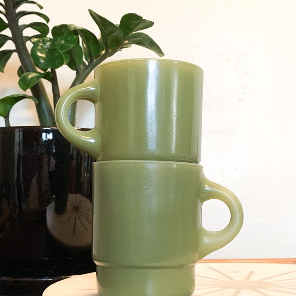 Anchor Hocking Fire-King | Avocado Green | Set of Two | Round Handle | Stackable Mug | Coffee Cup