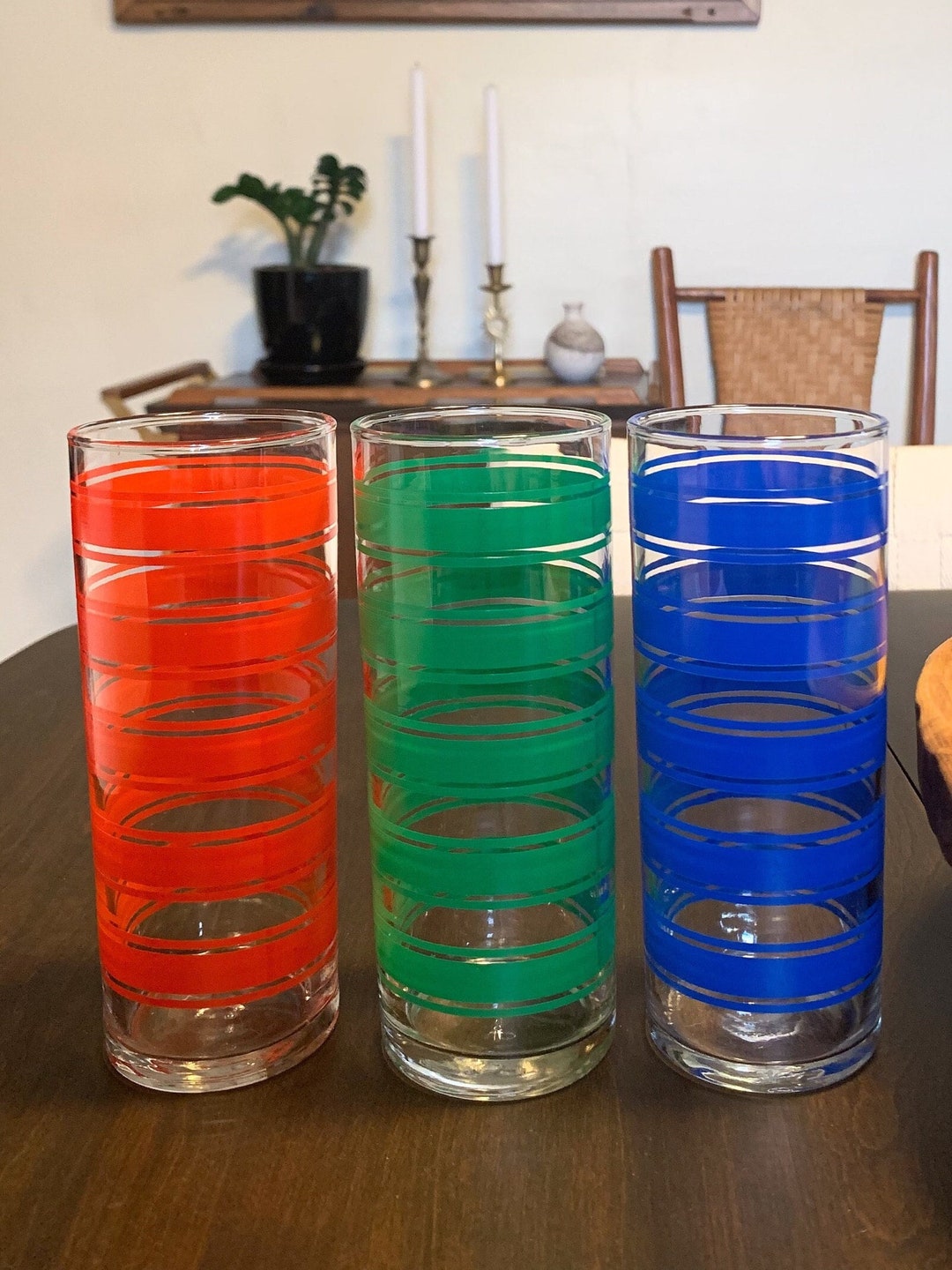 Vintage Libbey Highball Tom Collins Glasses Set of Three Striped Blue