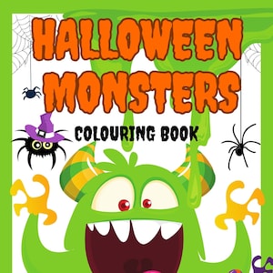 May include: A coloring book cover featuring three cartoon monsters. The green monster is in the center with a big toothy grin and a pink tongue sticking out. The monster is holding a pumpkin bucket with the words "Trick or Treat" on it. The other two monsters are pink and orange and are on either side of the green monster. The book title is "Halloween Monsters Coloring Book".