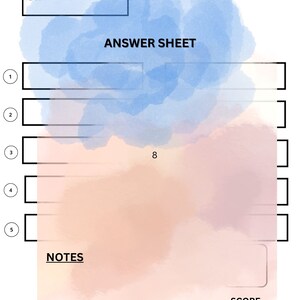 Può includere: Un foglio di risposte stampabile con uno sfondo ad acquerello in tonalità di blu e rosa. Il foglio ha spazi per un nome, una squadra e un punteggio. Include anche una sezione per appunti e otto caselle di risposte numerate.