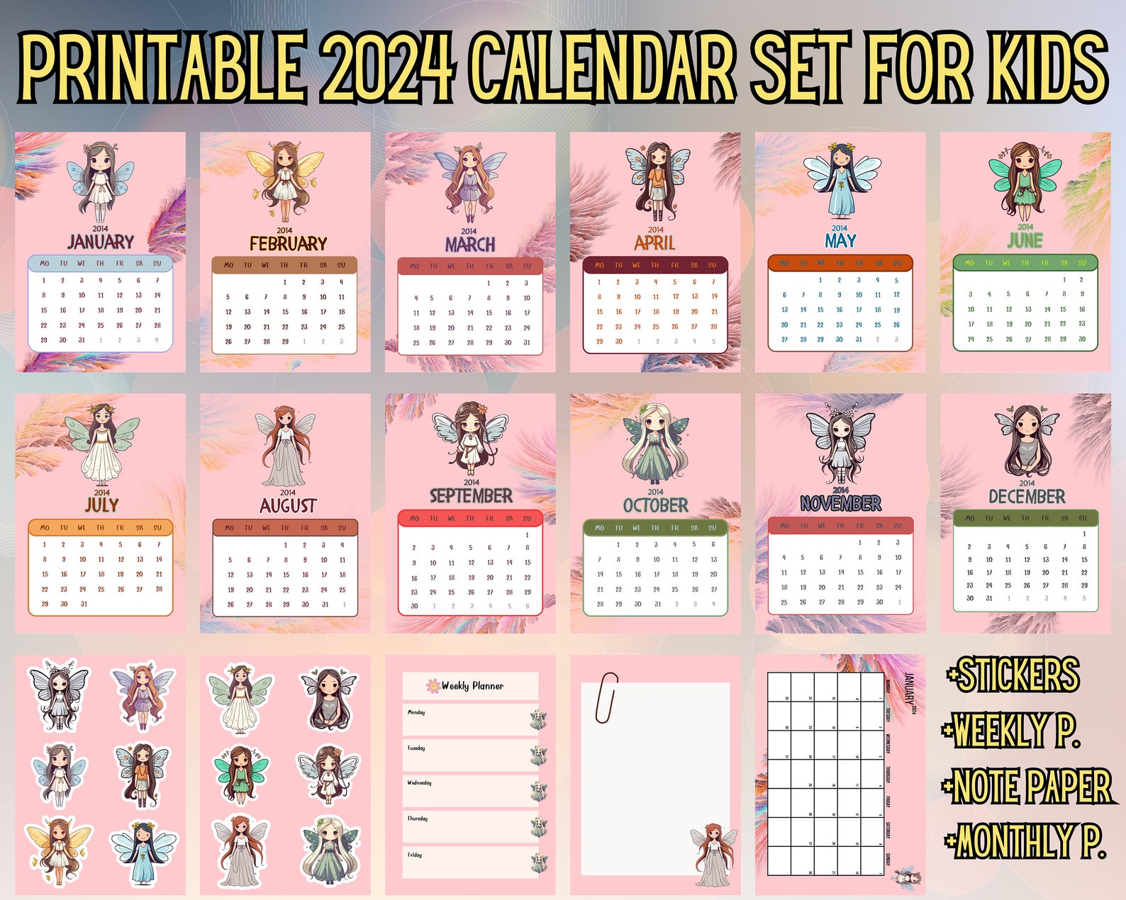 Printable 2024 Calendar For Kids Weekly Planner Stickers Etsy