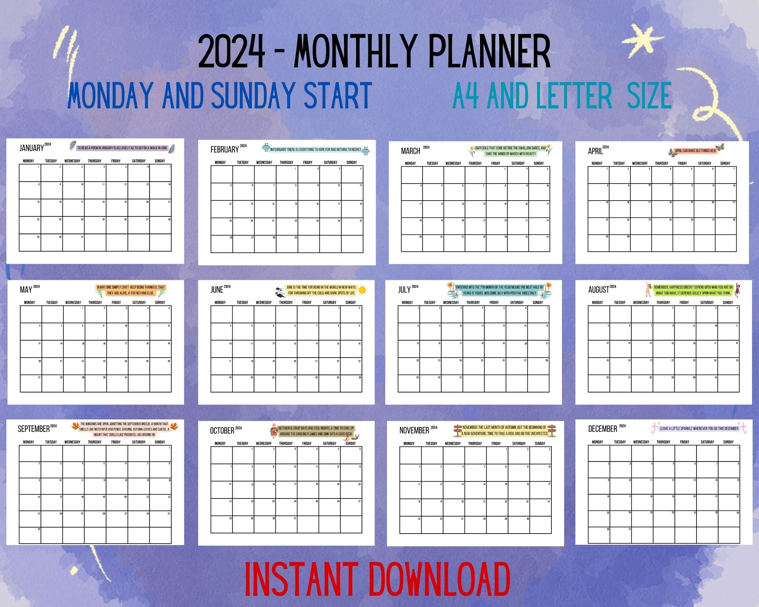 Monthly Planner 2024 Printable Calendar 2024 2024 Monthly Planner ...