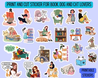 Printable Sticker for Books and Pet Lovers | Cat and Book | Dog and Book | Printable Sticker | Digital Download