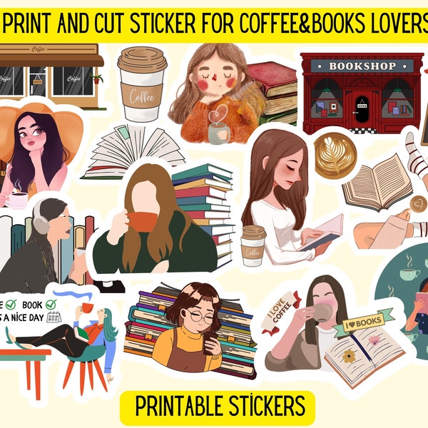 Printable Book&Coffee Lover Stickers | Stickers for Book Lovers |  PNG Stickers for Print and Cut | Digital Download Book Sticker