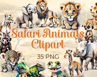 Safari Animals Clipart Watercolor Safari Family PNG Safari Baby Animals Jungle Nursery Decor Cute Monkey Giraffe Lion Baby Shower Clipart