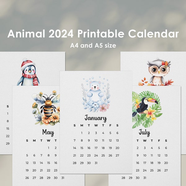 Animal calendar 2024 Desk printable mini calendar New year 12 month watercolor calendar Monthly animal illustrations Yearly calendar A4 A5