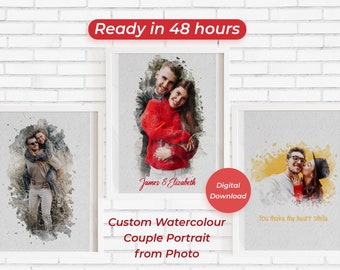 Aangepaste aquarel paar portret bruiloft gepersonaliseerde familieportret van foto engagement print op maat cadeau voor haar geschenken voor man