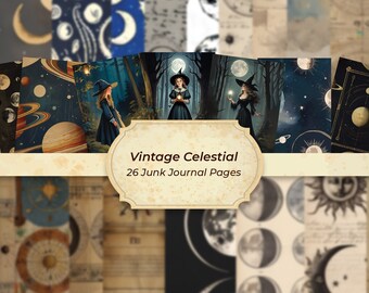 Mystical Celestial Junk Journal Kit Vintage Astronomy Printables Moon Digital Papers Witch Ephemera Magic Scrapbook Pages Celestial Tags