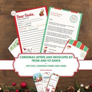 Kit lettere di Natale Lettera stampabile del caro Babbo Natale Posta del Polo Nord da Babbo Natale Etichette regalo, francobolli, cartoline e buste di Natale