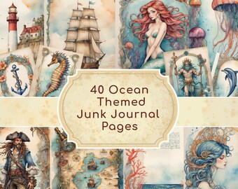 Under the sea digital junk journal kit Vintage nautical scrapbook background pages Decorative Ocean print papers Ephemera printable pack
