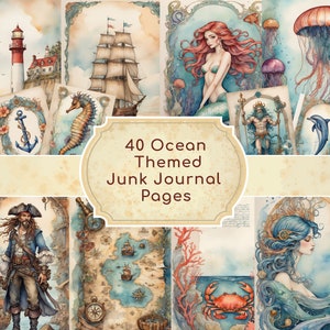 Under the sea digital junk journal kit Vintage nautical scrapbook background pages Decorative Ocean print papers Ephemera printable pack