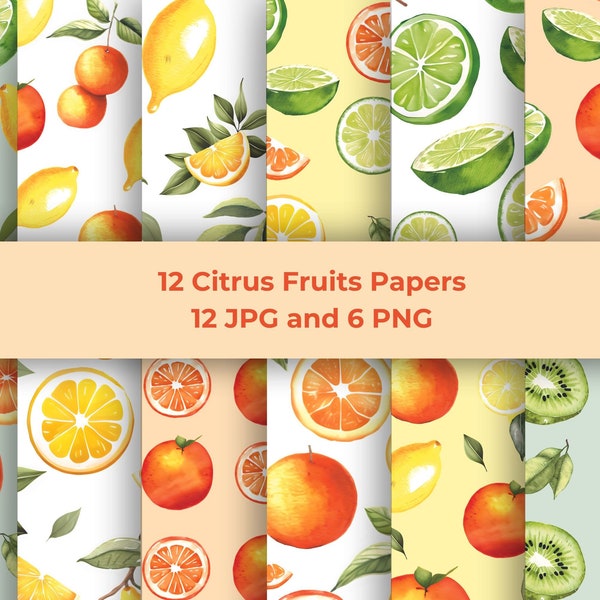Citrus fruit digital papers Tropical fruits seamless pattern Lemon, orange, kiwi, lime Printable scrapbook paper JPG PNG Background pages