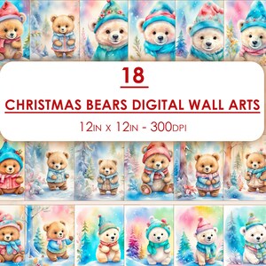 Imágenes prediseñadas de oso de peluche de invierno Arte de pared de oso polar Bosque Navidad Papeles digitales Fondo de álbum de recortes de acuarela Páginas de suministros de diario basura