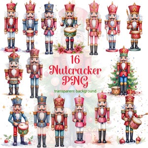 16 Pacote de clipart PNG de quebra-nozes de Natal Quebra-nozes em aquarela PNG Quebra-nozes de inverno para impressão Pólo Norte Personagens de Natal Cartão para fazer