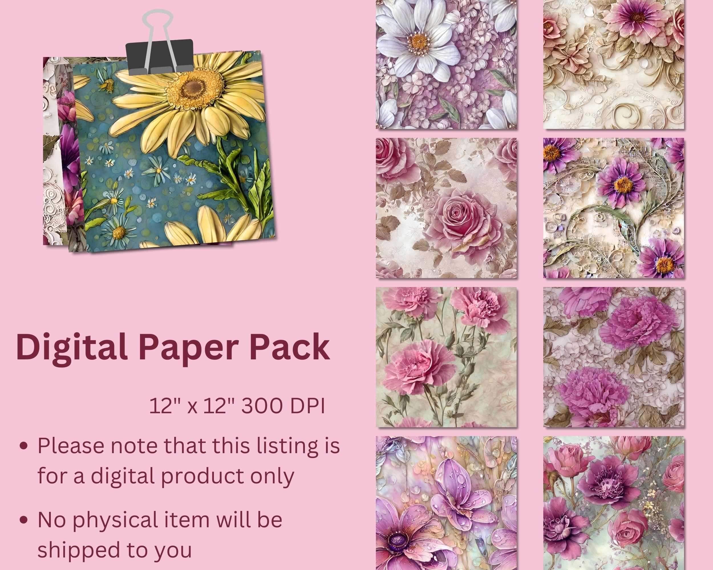 Wild Flower Bouquet Shabby Chic Digital Paper Roses Junk Journal ...