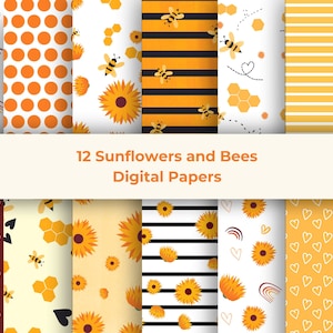 Sunflower digital papers Bee scrapbook paper Honey bee background Summer floral digital paper Sunflower printable paper pack
