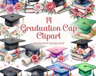 Pode incluir: Uma coleção de 14 imagens clipart de chapéus de formatura. Os chapéus são em várias cores, incluindo azul, preto, verde e rosa, e são decorados com flores, diplomas e livros. O texto "14 Graduation Cap Clipart" é exibido.