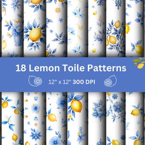 Toile de Jouy Lemon Pattern Vintage Blue Floral Digital Paper Background Chinoiserie Pattern French Toile Floral Pattern Junk Journal Paper