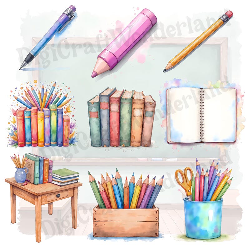 Set of colorful watercolor pencils in back to school theme