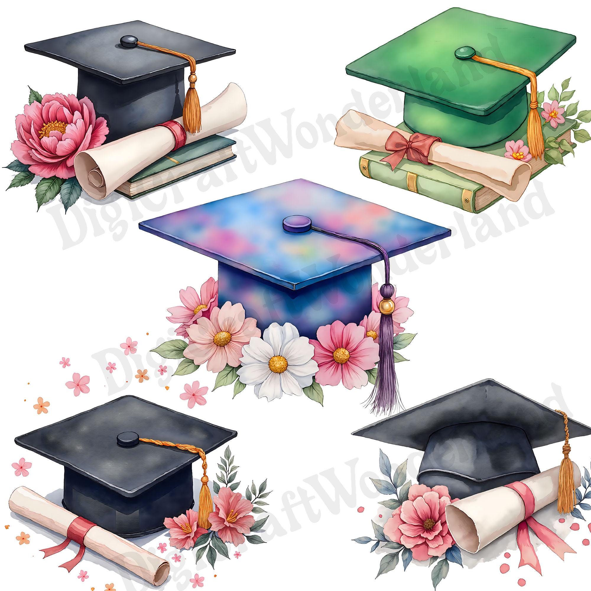 Floral Graduation Cap With Diploma Clipart Bundle Watercolor Floral ...
