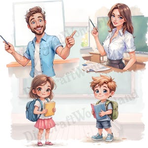 Printable teacher clipart with school stationery in pastel watercolor style