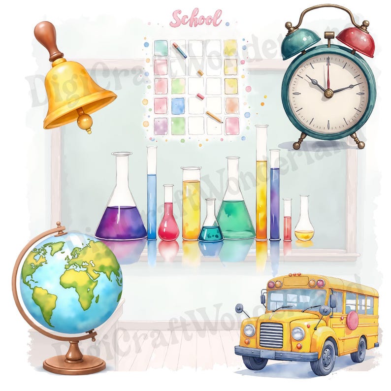 Back to school printable graphics for DIY planners and Cricut projects, Watercolor illustration of a yellow school bus, perfect for teacher printables
