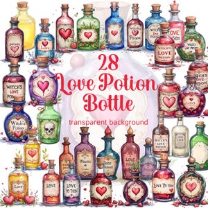 May include: A collection of 28 watercolour illustrations of love potion bottles. The bottles are various colours and shapes, with hearts, skulls, and other designs. The text "28 Love Potion Bottle" is in the centre of the image.