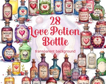Pode incluir: Uma coleção de 28 ilustrações de aquarela de garrafas de poção de amor. As garrafas são de várias cores e formas, com corações, caveiras e outros desenhos. O texto "28 Love Potion Bottle" está no centro da imagem.