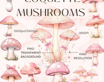 Pode incluir: Ilustração em aquarela com vários cogumelos rosa e brancos. A imagem inclui o texto "COQUETTE MUSHROOMS", "PNG/TRANSPARENT BACKGROUND", "HIGH RESOLUTION" e "300DPI". O endereço do site www.digicraftwonderland.etsy.com também é visível.