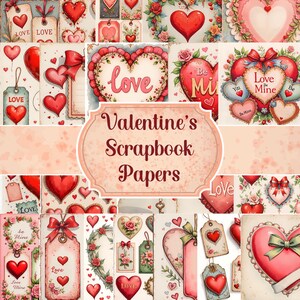 Valentine&#39;s Day Digital Paper Pack Heart Scrapbook Paper Vintage Love Backgrounds Junk Journal Kit Printables Ephemera Tags Heart Clipart