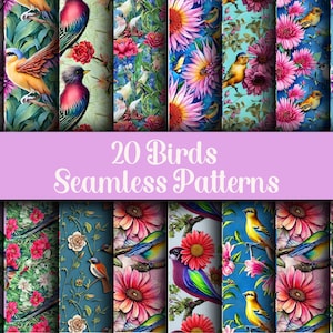 20 pássaros e flores padrões sem emenda pássaros coloridos papéis digitais flores silvestres impressão têxtil aquarela pássaros flor decoupage papel