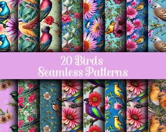 20 Birds and Flowers Seamless Patterns Colorful Birds Digital Papers Wildflowers Textile Print Watercolor Birds Flower Decoupage Paper