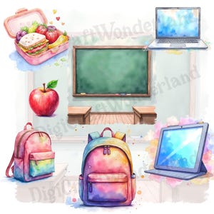 Cute back to school elements for planners, scrapbooking, and classroom decor, Clipart of kids’ lunchbox and apple, watercolor school elements