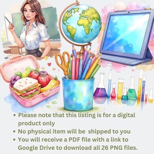 Digital download watercolor school clipart perfect for classroom posters and planners