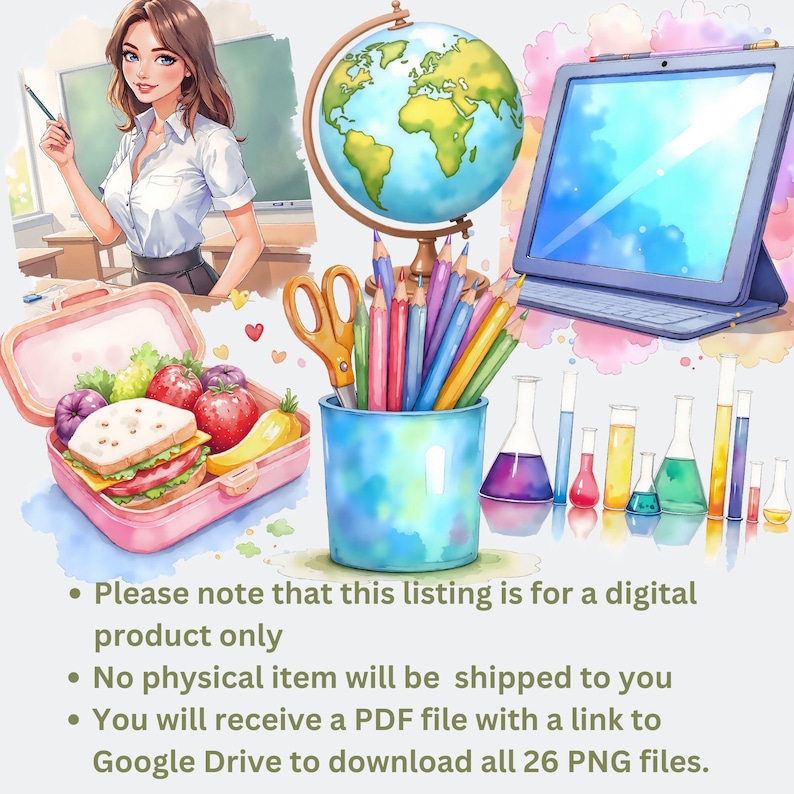 Digital download watercolor school clipart perfect for classroom posters and planners
