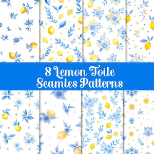 Toile de Jouy Seamless Lemon Pattern Vintage Blue Floral Digital Paper Chinoiserie Pattern French Toile Floral Pattern Junk Journal Paper