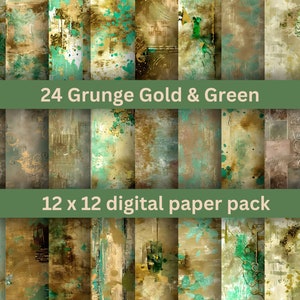 Grungy Junk Journal Digital Pages Gold and green printable grunge Seamless Texture Distressed Papers Background Vintage Ephemera Scrapbook
