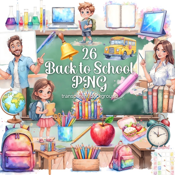 Back To School Classroom Clipart Set Preschool PNG Bundle Stationery Printable Watercolor Supplies Clipart Kindergarten Clip Art Elementary