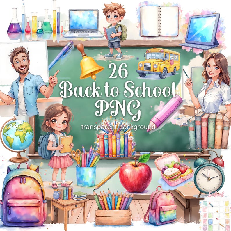 Watercolor school clipart set with books, pencils, and backpack on transparent background
