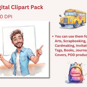 Preschool and kindergarten clipart set with school items and soft watercolor look