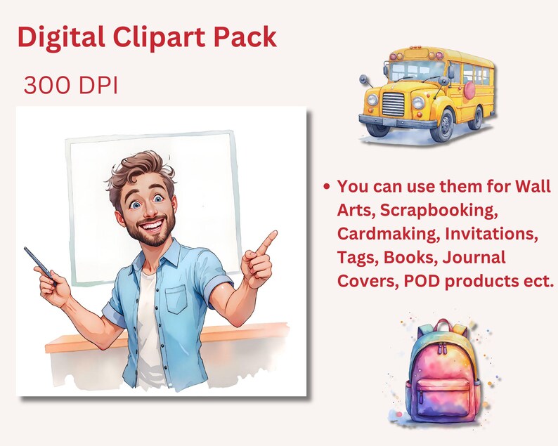 Preschool and kindergarten clipart set with school items and soft watercolor look