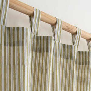 Hand Block Printed Cotton Curtains, Olive Green Striped Sheer Window Panels