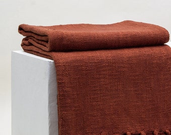 Rust Brown Mud Cloth Solid Throw Blanket, Boho Throw Blanket Organic Cotton Throw Cotton Bedspread, Decorative Knit Blanket for Sofa Couch