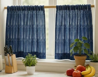 Rideaux en coton bleu indigo, voilages imprimés blocs, parures de fenêtre bohèmes, rideau de chambre filtrant la lumière, longueur de panneau personnalisée