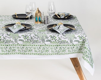 Mantel de algodón con estampado floral verde, rectangular, hecho a mano en la India, ideal para bodas y comedores, regalos para el hogar.