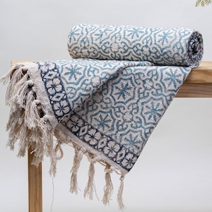 Floral Sofa Decor Throw Blanket, Block Printed Farmhouse Blanket, Indian Handmade Cotton Bedspread, Decorative Couch and Bed Throw