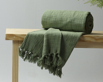 Green Mud Cloth Solid Cotton Throw Blanket, Boho Throw Blanket Organic Cotton Throw Cotton Bedspread, Decorative Knit Blanket for Sofa Couch