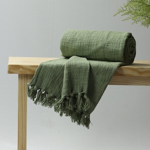 Green Mud Cloth Solid Cotton Throw Blanket, Boho Throw Blanket Organic Cotton Throw Cotton Bedspread, Decorative Knit Blanket for Sofa Couch