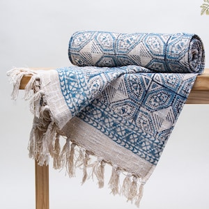 Block Printed Blue Sofa Throw Blanket, Indian Handmade Cotton Bedspread, Farmhouse Decor Printed Throw Blanket, Home Decor Blanket